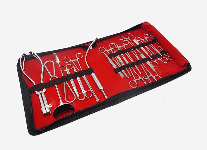Professional surgical instrument set arranged inside a red medical carrying case.
